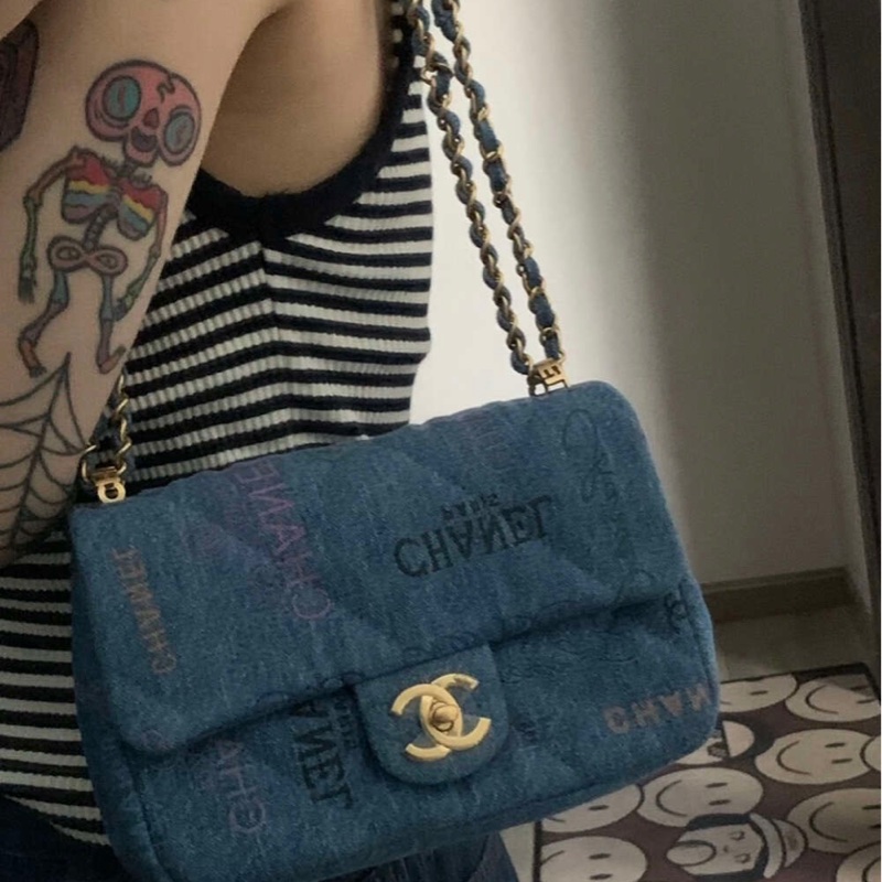 香奈兒/Chanel Cf單肩包 塗鴉印花丹寧牛仔包-11