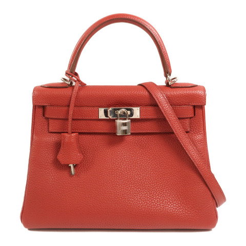 HERMES 【Hermes Fair】Togo皮革Kelly 28銀扣手挽肩背兩用袋Rouge Casaque