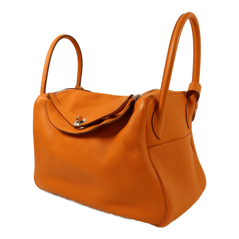 HERMES 【Hermes Fair】Clemence皮革Lindy 34銀扣手挽肩背兩用袋Orange-2