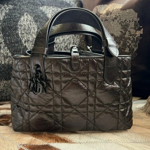 DIOR 羊皮 格紋手提包 附小包 小款黑色