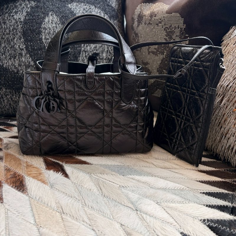 DIOR 羊皮 格紋手提包 附小包 小款黑色-2