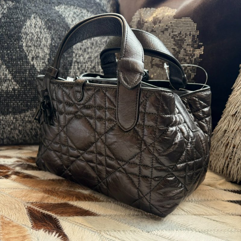 DIOR 羊皮 格紋手提包 附小包 小款黑色-4