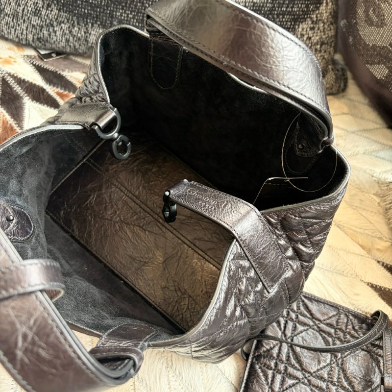 DIOR 羊皮 格紋手提包 附小包 小款黑色-5