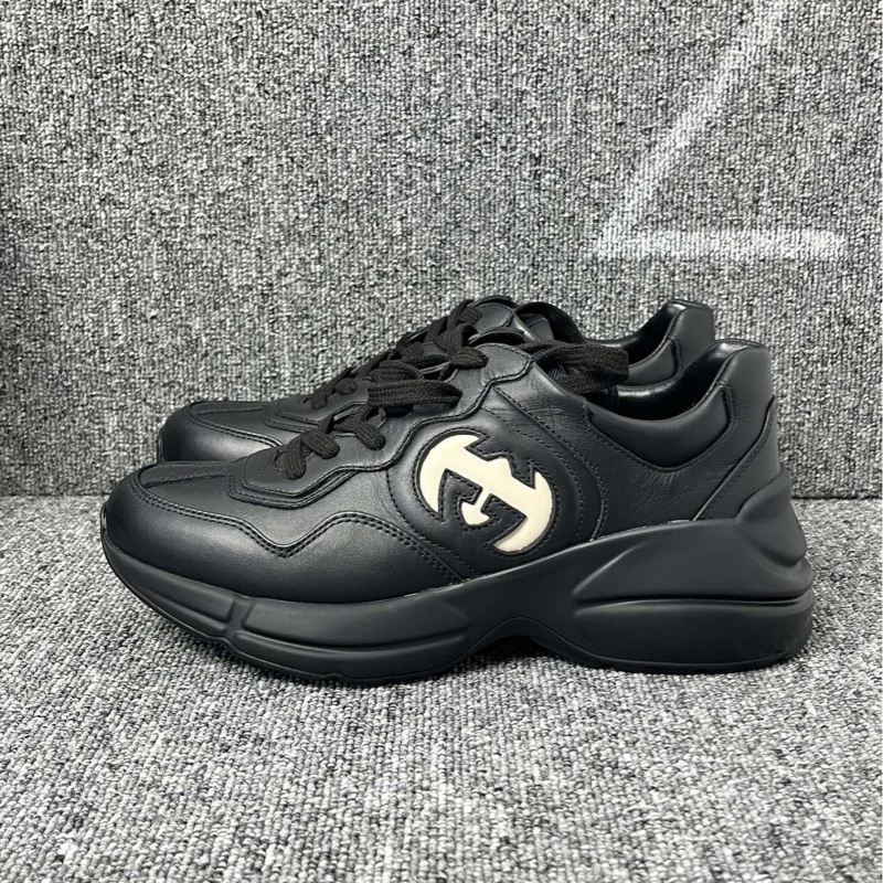 未使用品 Gucci 古馳運動鞋黑色皮面鏤空老爹鞋40.5碼-0