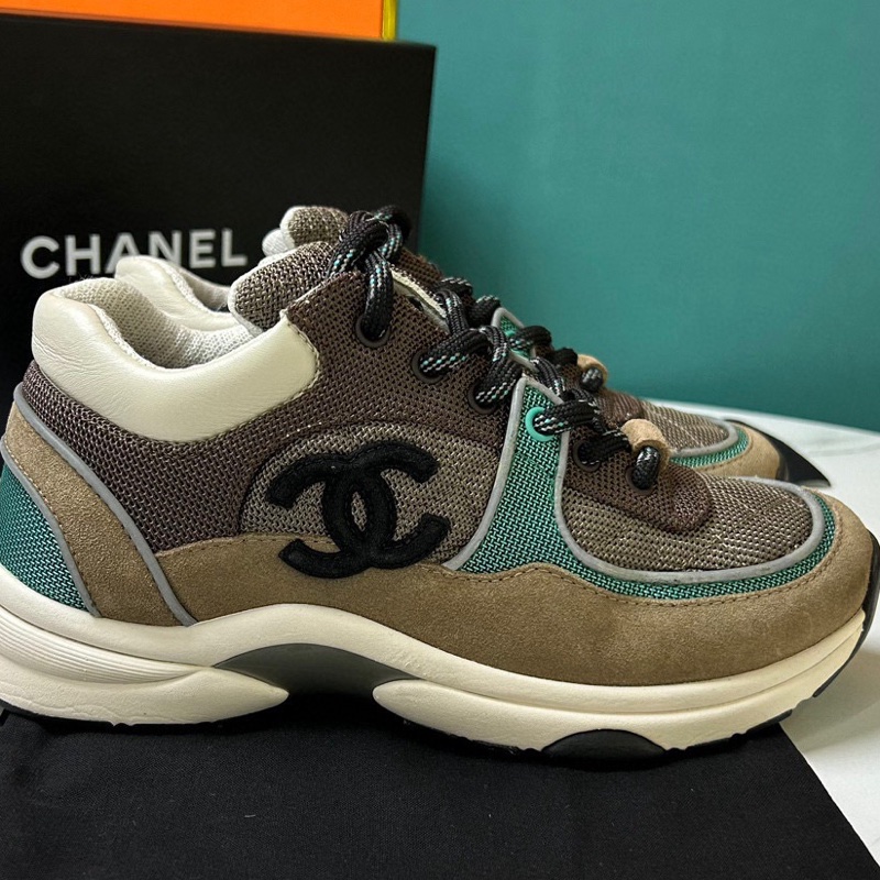 CHANEL香奈兒！咖藍拼色熊貓鞋低幫運動鞋 36碼，附件：塵袋、盒子-1