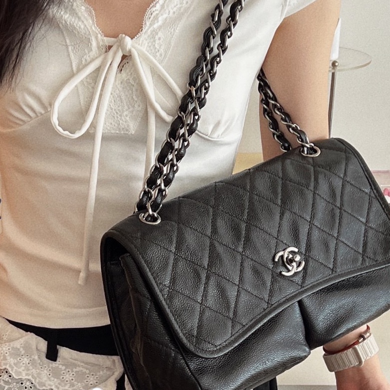 ✨Chanel 黑銀魚子醬雙口袋機場包 很難找的一款 98新🖤-1