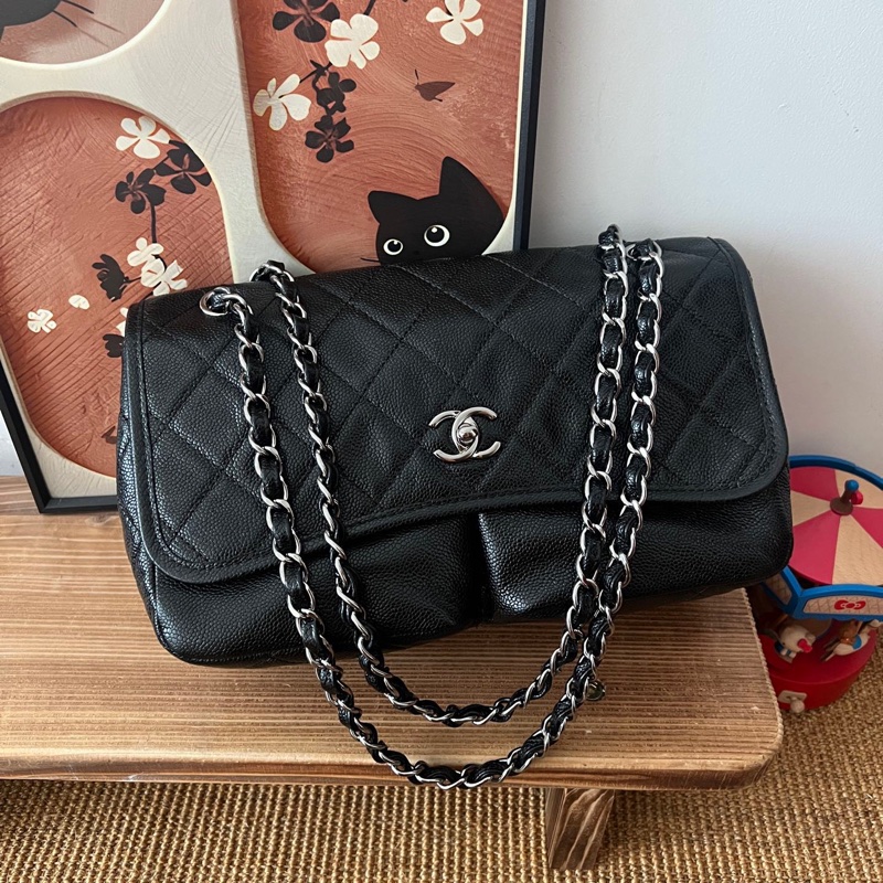 ✨Chanel 黑銀魚子醬雙口袋機場包 很難找的一款 98新🖤-2