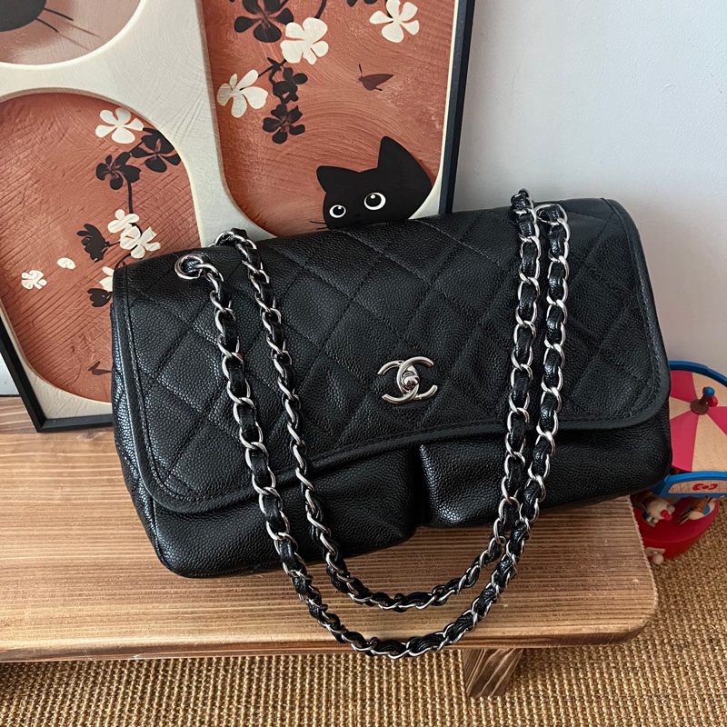 ✨Chanel 黑銀魚子醬雙口袋機場包 很難找的一款 98新🖤-3