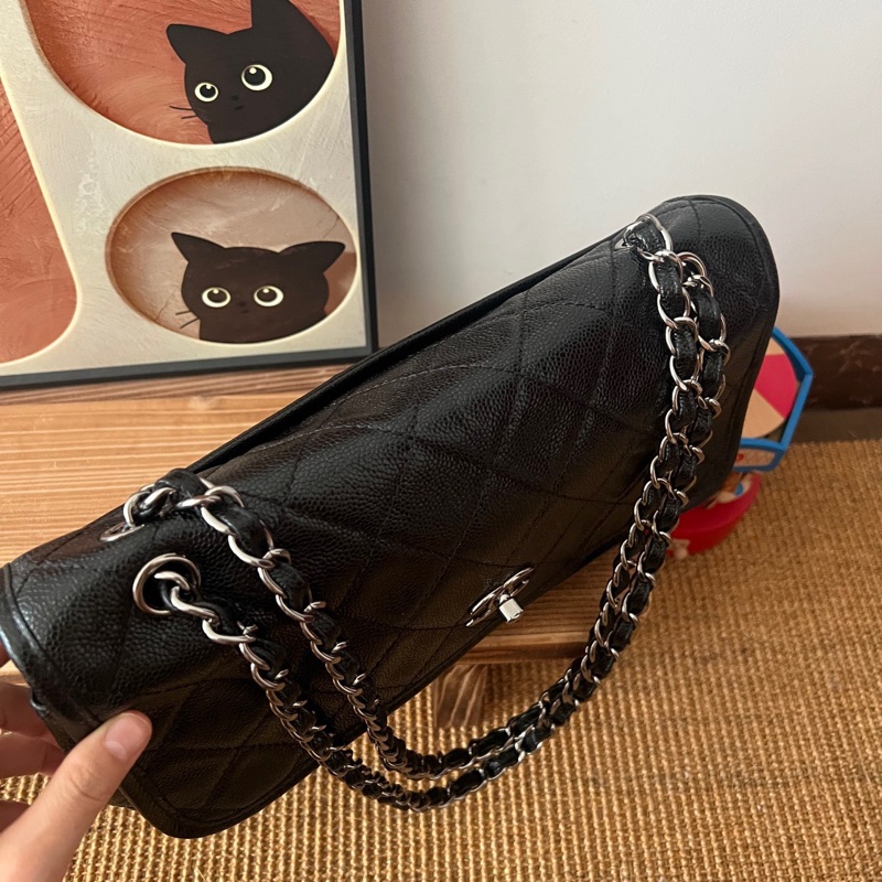 ✨Chanel 黑銀魚子醬雙口袋機場包 很難找的一款 98新🖤-4