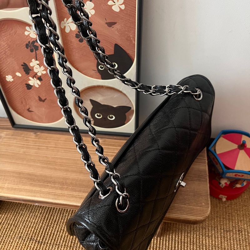 ✨Chanel 黑銀魚子醬雙口袋機場包 很難找的一款 98新🖤-7