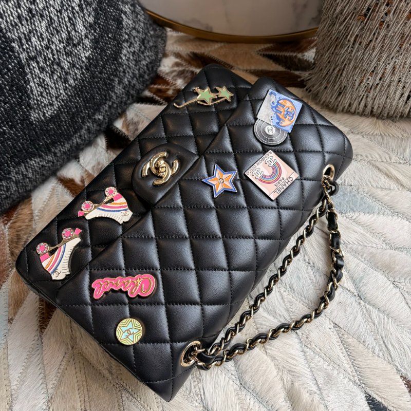 CHANEL 限定款徽章COCO25金鏈鏈包 黑色 晶片-3