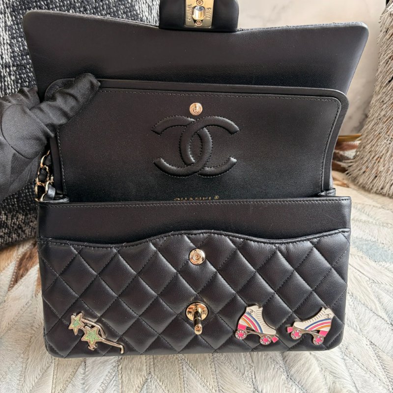 CHANEL 限定款徽章COCO25金鏈鏈包 黑色 晶片-5