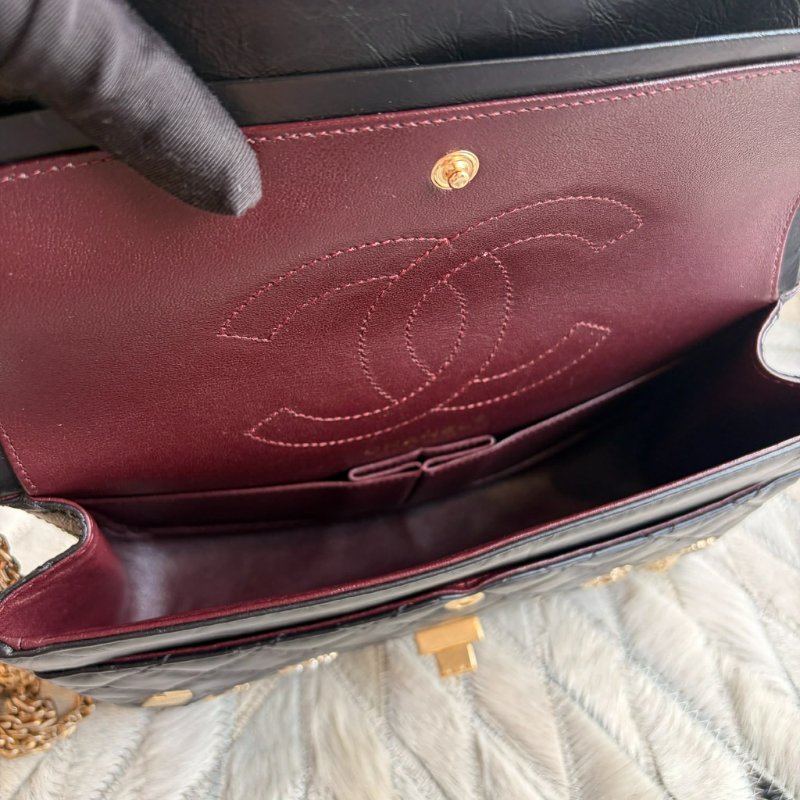 )CHANEL 復刻版徽章包 金鏈24CM 黑色-6