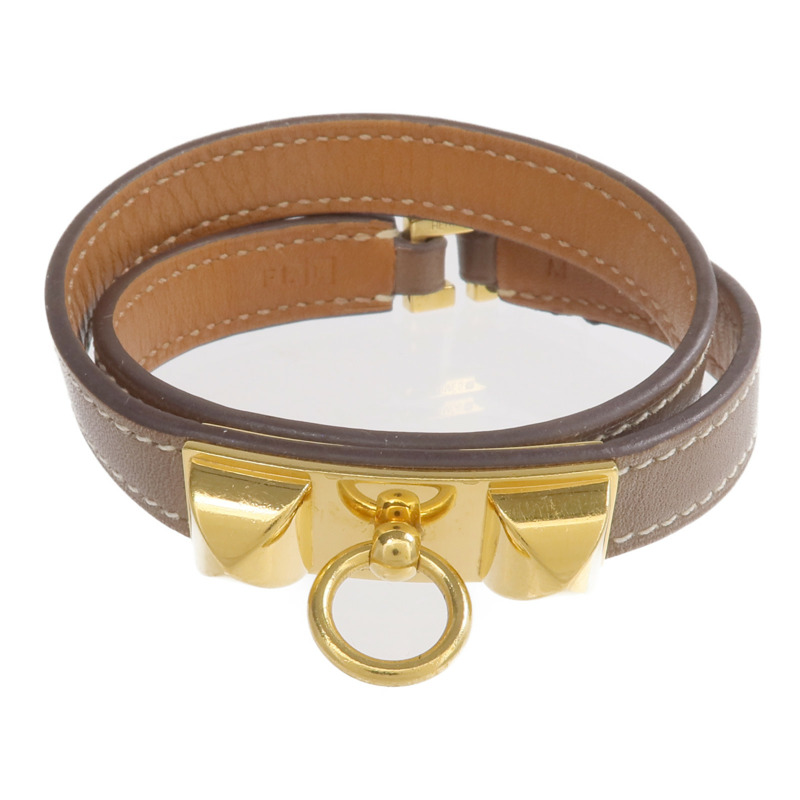 HERMES Swift皮革Rivale Double Tour金扣手鏈Etoupe-4