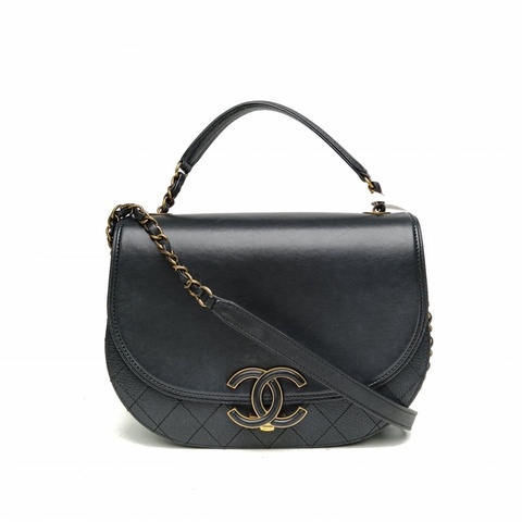 CHANEL 黑色牛皮23開古巴系列翻蓋馬鞍包