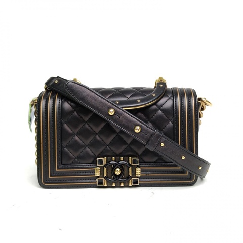 CHANEL Leboy小號黑色羊皮24開琺瑯扣金色邊皮手柄