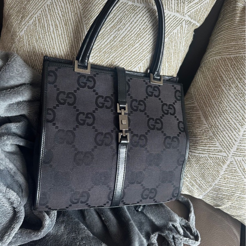 古馳 黑色  老花 腋下包 托特包 肩背包 手拿包 gucci 經典老花 賈姬 jackie lock 黑色 琴譜包 方正托特包-9