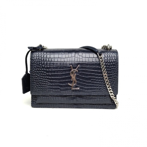 SAINT LAURENT SUNSET日落包中號鱷魚壓紋墨藍色牛皮銀扣