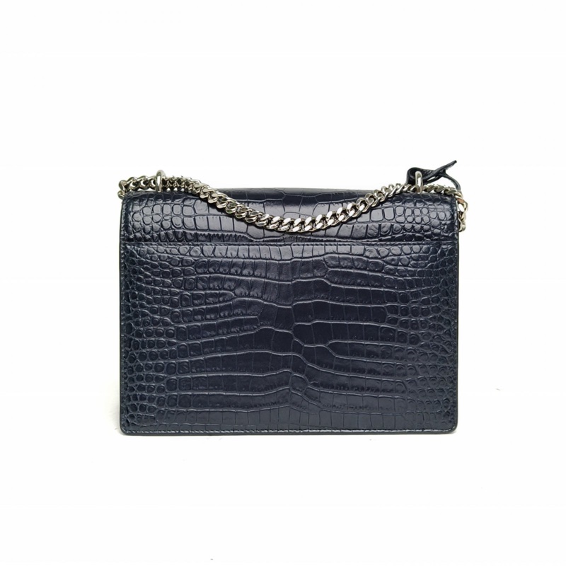 SAINT LAURENT SUNSET日落包中號鱷魚壓紋墨藍色牛皮銀扣-2