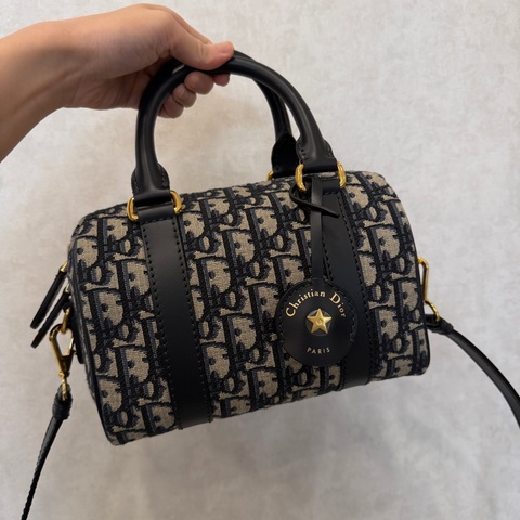 Dior 提花布深藍牛皮金釦手提斜背波士頓包