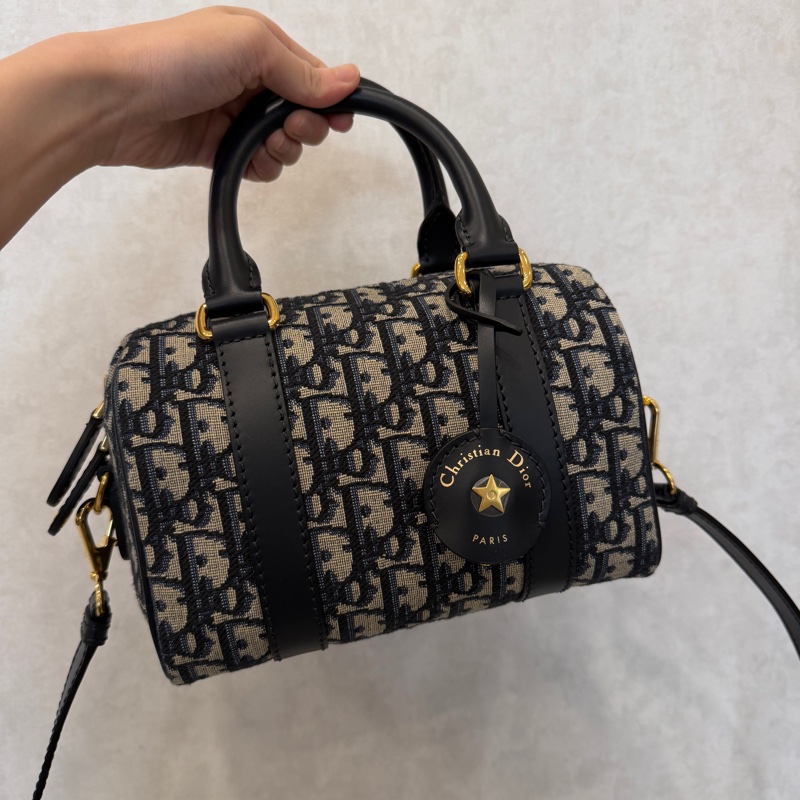 Dior 提花布深藍牛皮金釦手提斜背波士頓包-0