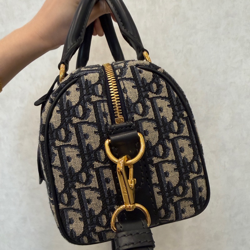 Dior 提花布深藍牛皮金釦手提斜背波士頓包-2