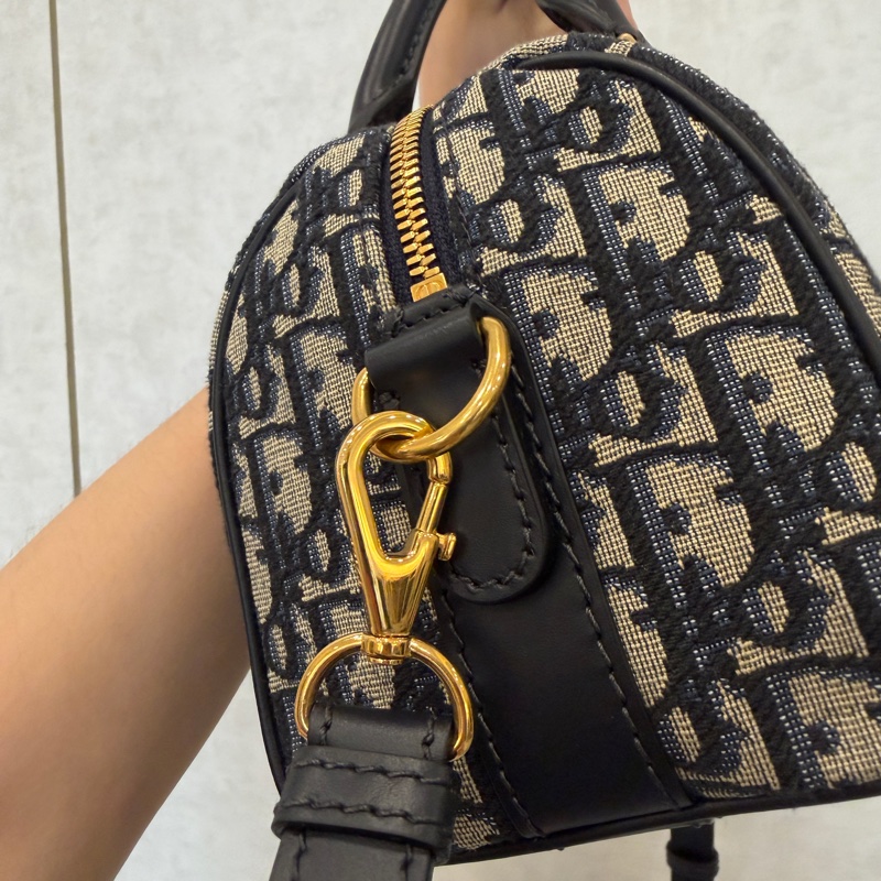 Dior 提花布深藍牛皮金釦手提斜背波士頓包-3