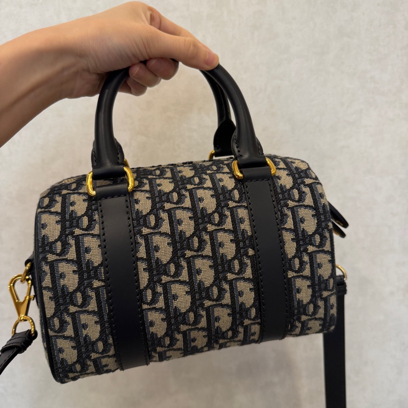 Dior 提花布深藍牛皮金釦手提斜背波士頓包-5