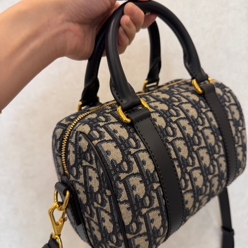 Dior 提花布深藍牛皮金釦手提斜背波士頓包-10