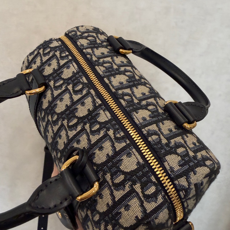 Dior 提花布深藍牛皮金釦手提斜背波士頓包-11