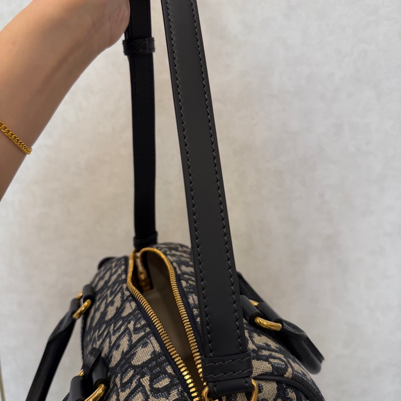 Dior 提花布深藍牛皮金釦手提斜背波士頓包-15