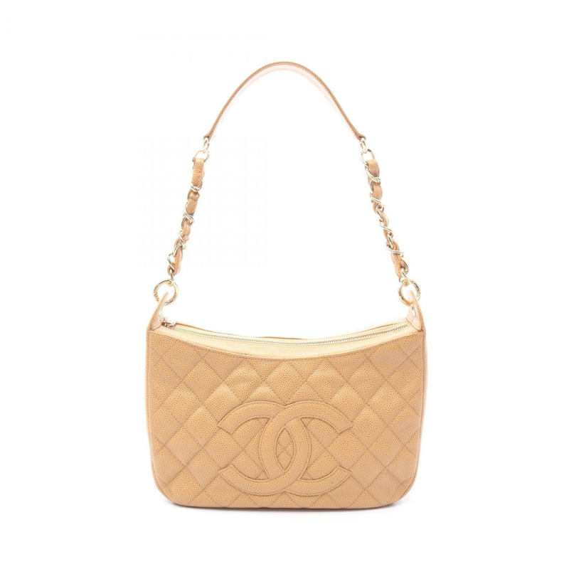 香奈兒 (CHANEL) 絎縫鏈條肩背包,小牛皮,米色,金色五金,二手,女士-0