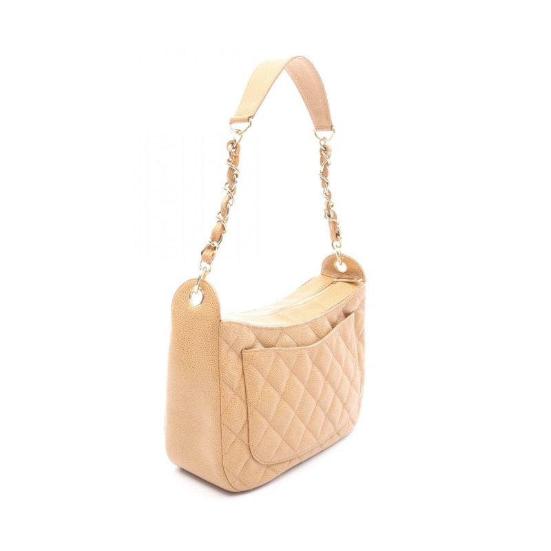 香奈兒 (CHANEL) 絎縫鏈條肩背包，小牛皮，米色，金色五金，二手，女士-1