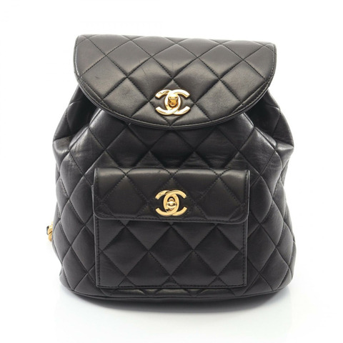 香奈兒 (CHANEL) 絎縫羊皮雙肩包 黑色 金色五金 二手 女士 CC 標誌