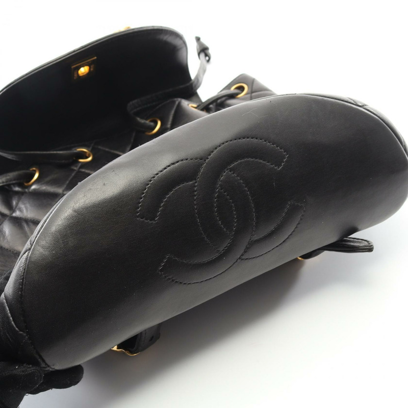 香奈兒 (CHANEL) 絎縫羊皮雙肩包 黑色 金色五金 二手 女士 CC 標誌-6