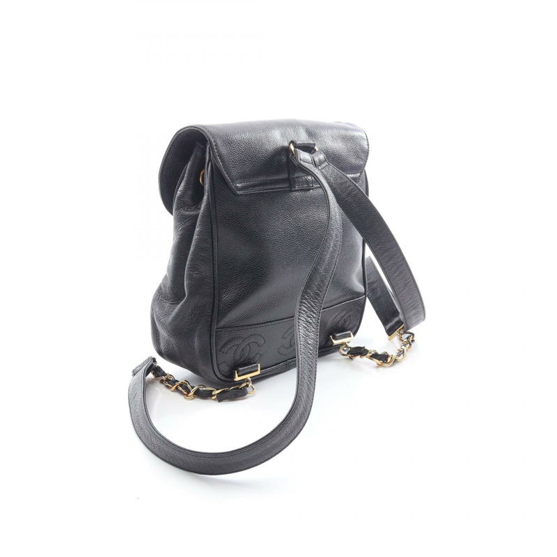 香奈兒 (CHANEL) 三重 COCO 標誌鏈雙肩包，黑色小牛皮，二手女士款，CC 標誌-1