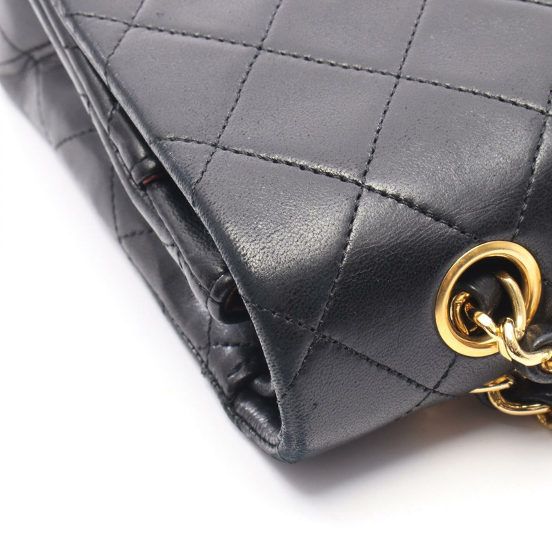 香奈兒 (CHANEL) Matelasse W 翻蓋鏈條單肩包，羊皮材質，黑色，二手，女士款，金色五金-9