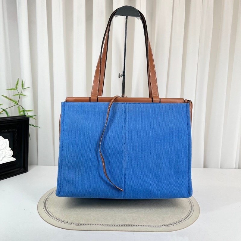 Loewe羅意威 Cushion Tote帆布托特包 焦糖拼藍色 帆布拼皮-6