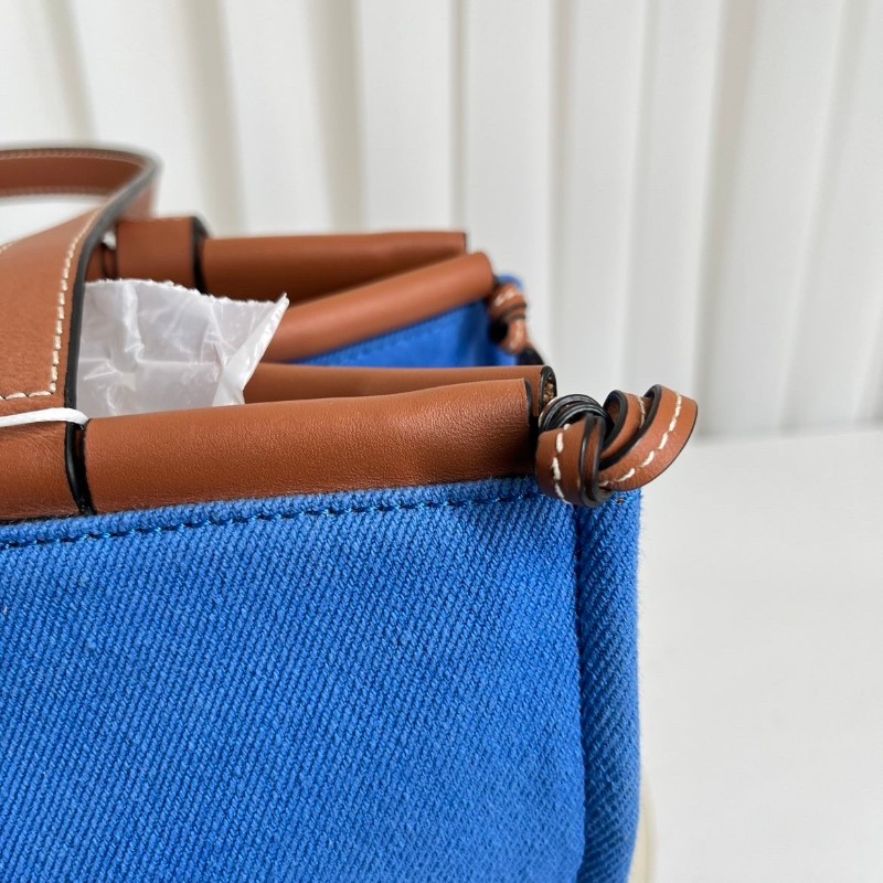 Loewe羅意威 Cushion Tote帆布托特包 焦糖拼藍色 帆布拼皮-17