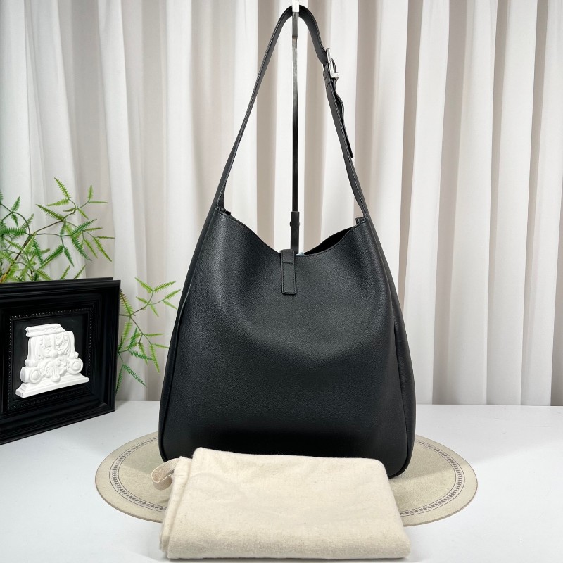 SAINT LAURENT聖羅蘭 銀色Logo鉤扣開合 黑色柔軟粒面牛皮 Hobo流浪包手提單肩包-1