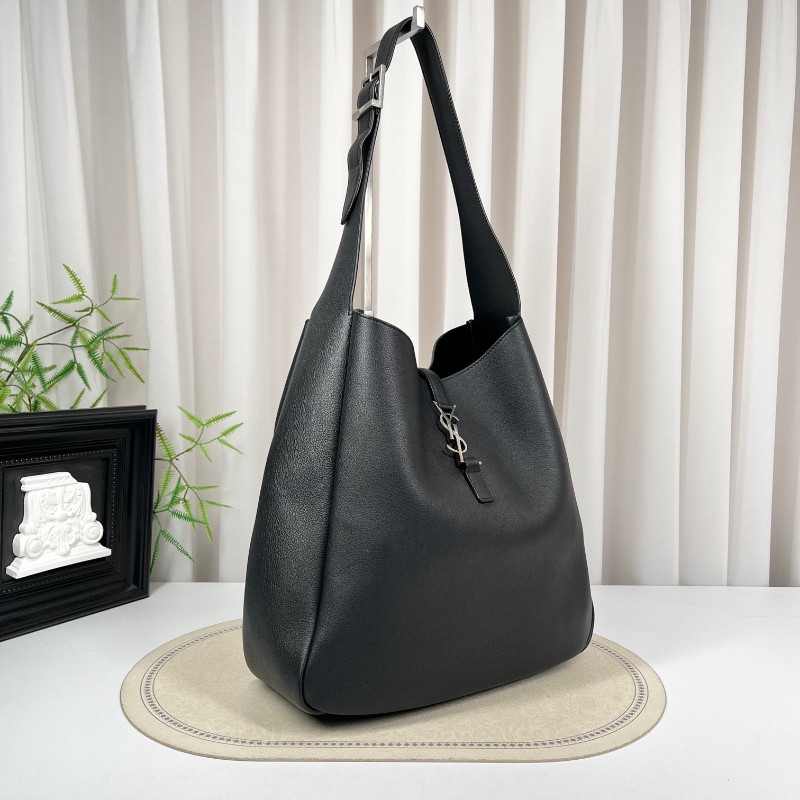 SAINT LAURENT聖羅蘭 銀色Logo鉤扣開合 黑色柔軟粒面牛皮 Hobo流浪包手提單肩包-2