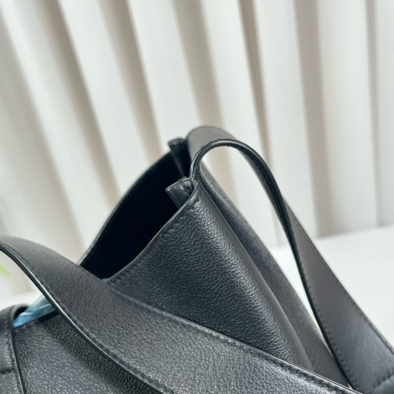 SAINT LAURENT聖羅蘭 銀色Logo鉤扣開合 黑色柔軟粒面牛皮 Hobo流浪包手提單肩包-14