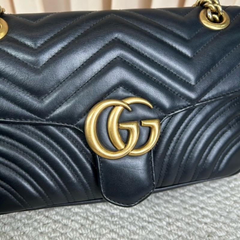 古馳Gucci馬蒙26Marmont黑色鏈條包 GG標誌 黑金鏈條 可單肩可斜挎 黑金配色 盡顯高級有質感 日常百搭-22