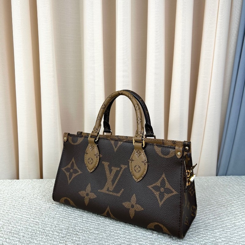 wwh bj LV路易威登onthego橫版老花托特包 經典老花配棕色皮革 金色五金配件 寬肩帶 可單肩可斜挎可手提 容量實用 日常通勤百搭-3