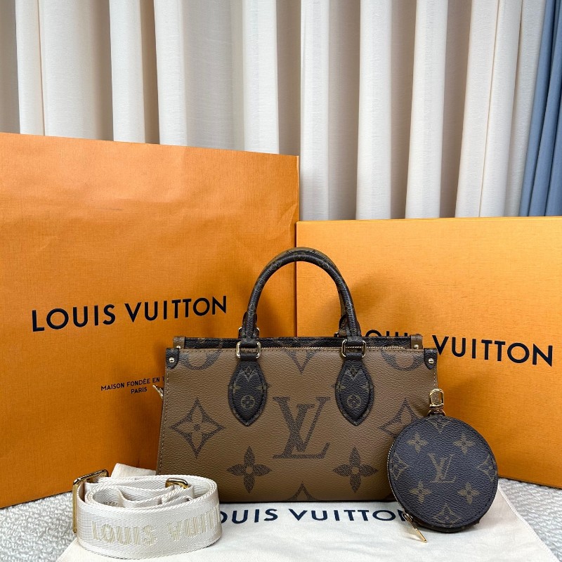 wwh bj LV路易威登onthego橫版老花托特包 經典老花配棕色皮革 金色五金配件 寬肩帶 可單肩可斜挎可手提 容量實用 日常通勤百搭-5