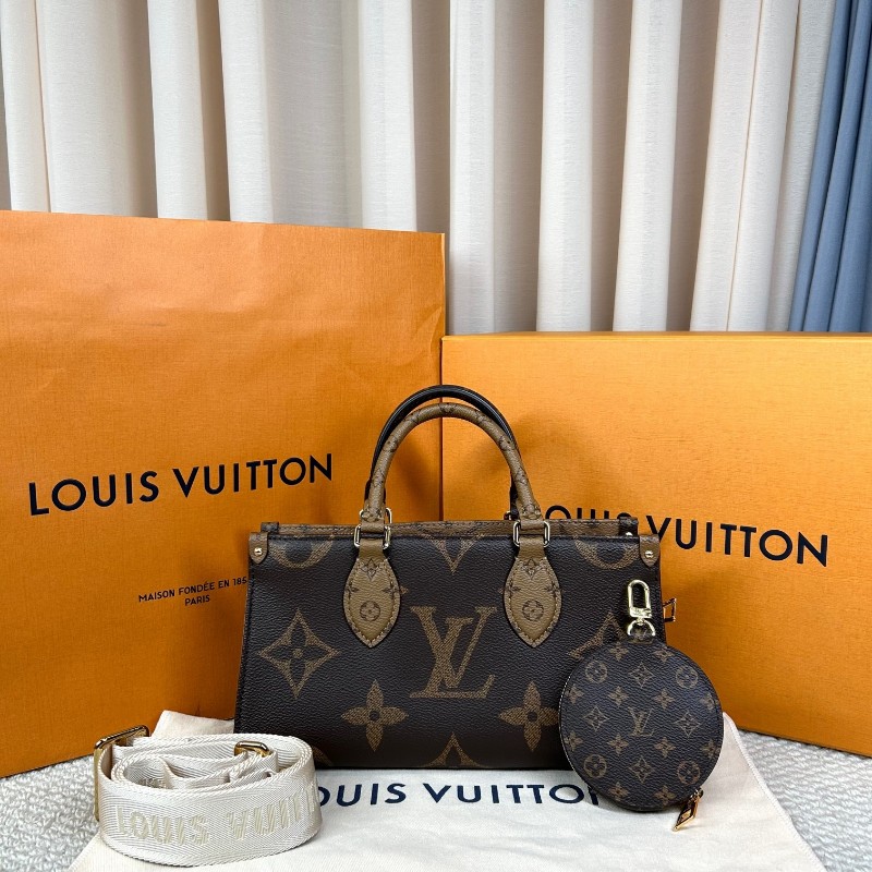 wwh bj LV路易威登onthego橫版老花托特包 經典老花配棕色皮革 金色五金配件 寬肩帶 可單肩可斜挎可手提 容量實用 日常通勤百搭-6