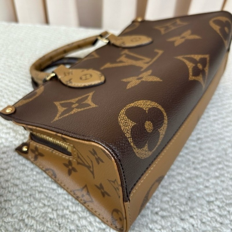 wwh bj LV路易威登onthego橫版老花托特包 經典老花配棕色皮革 金色五金配件 寬肩帶 可單肩可斜挎可手提 容量實用 日常通勤百搭-7