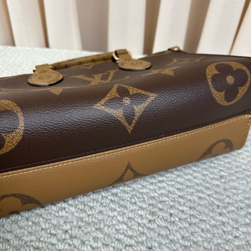 wwh bj LV路易威登onthego橫版老花托特包 經典老花配棕色皮革 金色五金配件 寬肩帶 可單肩可斜挎可手提 容量實用 日常通勤百搭-8