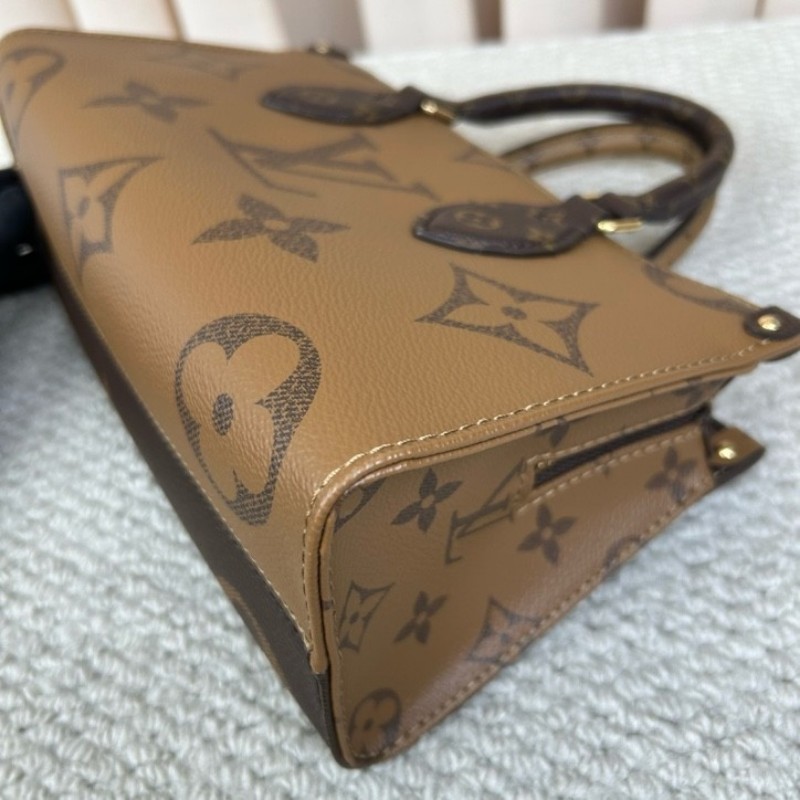 wwh bj LV路易威登onthego橫版老花托特包 經典老花配棕色皮革 金色五金配件 寬肩帶 可單肩可斜挎可手提 容量實用 日常通勤百搭-9