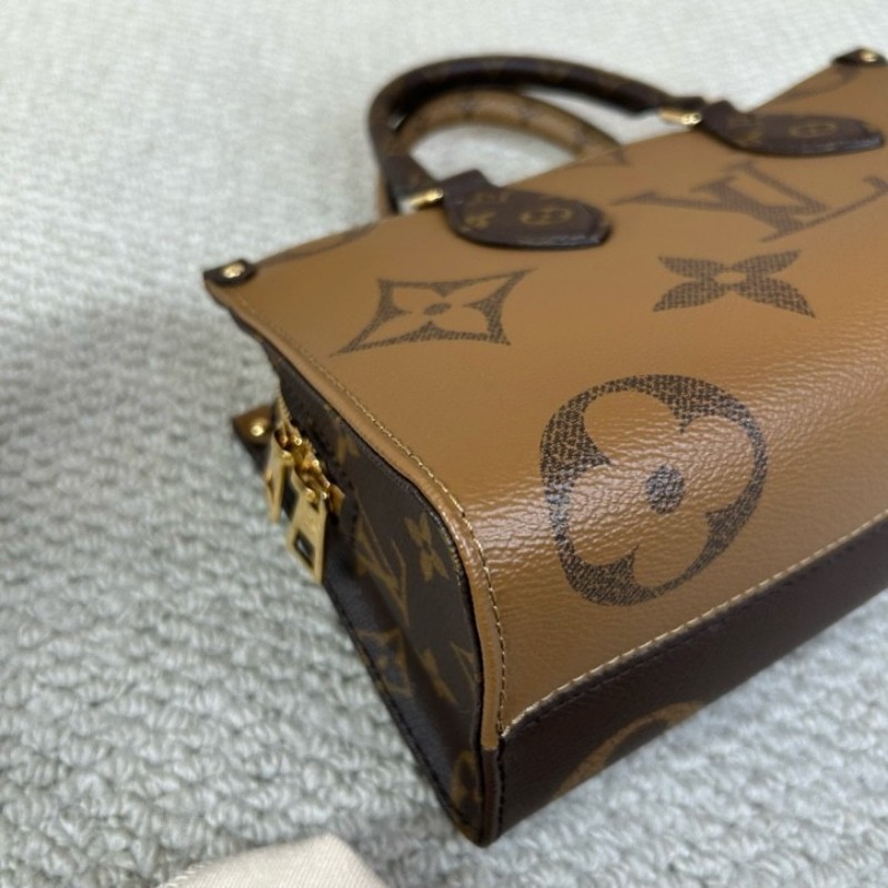 wwh bj LV路易威登onthego橫版老花托特包 經典老花配棕色皮革 金色五金配件 寬肩帶 可單肩可斜挎可手提 容量實用 日常通勤百搭-10